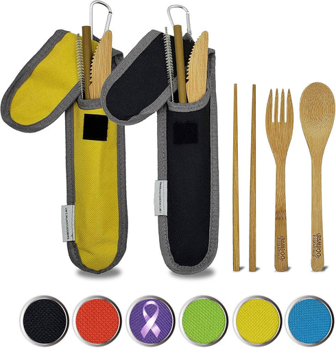 Travel Utensils Set with Case, Fork, Knife, Spoon, Chopsticks, Straw, Cleaning Brush, Pouch, Carabiner, 2 Sets