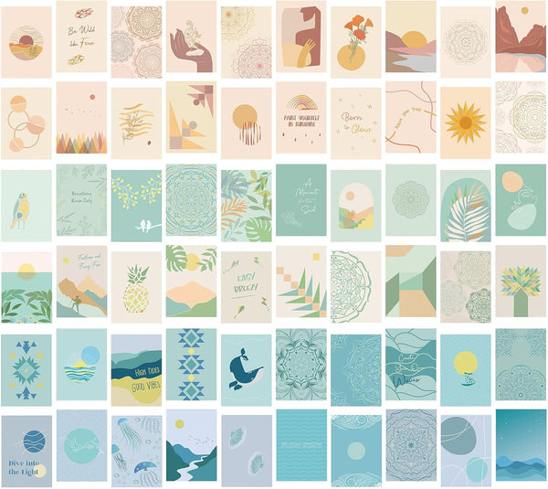 Vibes and Vistas 60PCS Boho Wall Collage Kit (5x7) | 3 Sets in 1 | Handmade Cute Wall Art Prints for Aesthetic Room