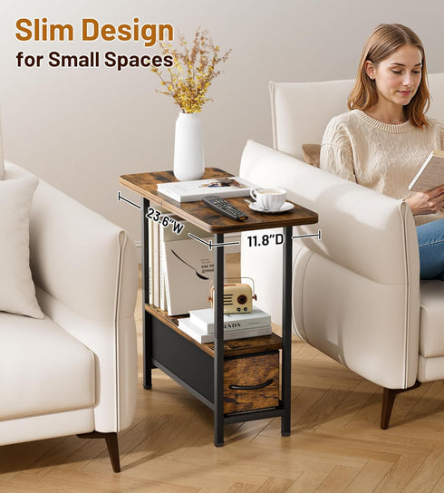 2 AOODA Living Room Side Table with Drawer, Tier Slim End Tables with Storage for Small Spaces, Narrow Nightstand