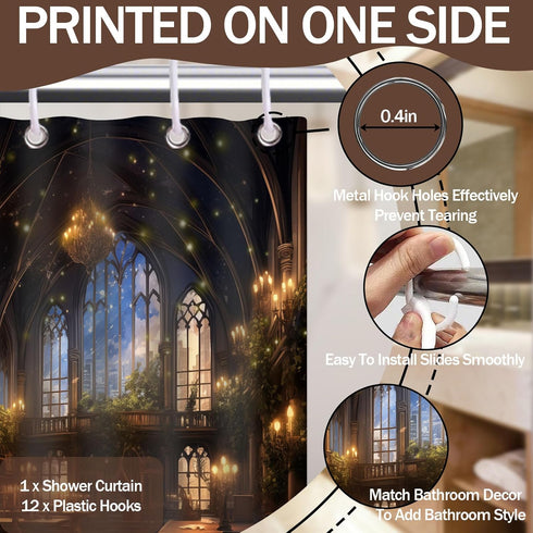 70" 78" Library Shower Curtain Bookshelf School Medieval Magic Book Bathroom Decor, Waterproof Fabric with Hooks W X L