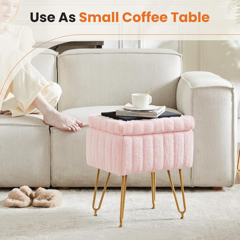18.9H 16L 12.2W 4 Sweetcrispy Vanity Stool Chair with Storage, x x Ottoman Chair Faux Fur Soft Padded Makeup Footstools