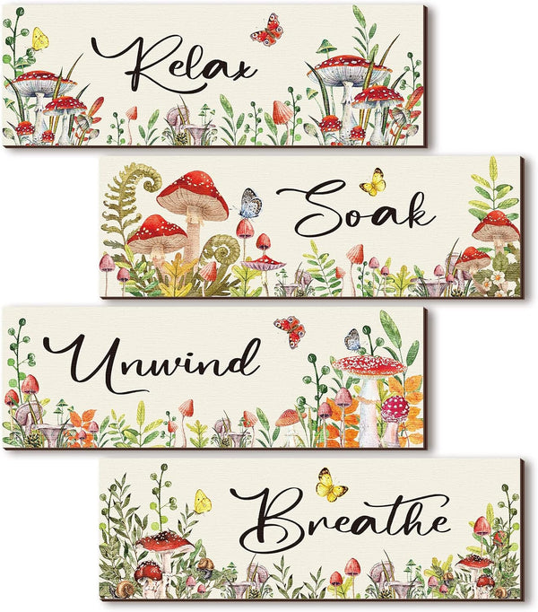 4 Pcs Mushroom Watercolor Floral Wall Art Bathroom Decor Relax Soak Unwind