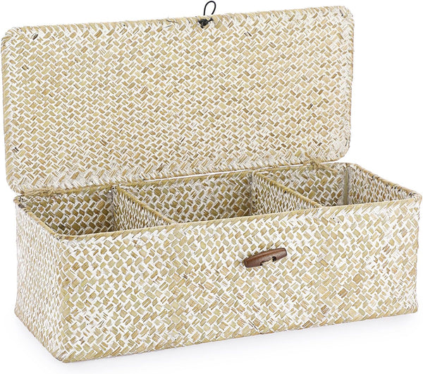 Hipiwe Seagrass Storage Basket Bin, Hand-Woven Wicker Basket with Lid for Organizing Bathroom Supplies