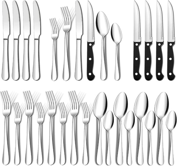 ENLOY 24 Pieces Silverware Set, Stainless Steel Flatware Cutlery with Steak Knives, Service for 4, Mirror Polished and