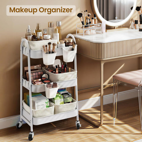 3-Tier 4 Rolling Utility Cart with Woven Baskets, Diaper Book Snack Cart, Storage Organizer for Nursery, Kitchen, Craft