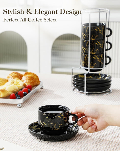 8 OZ Set 4, Set MALACASA Porcelain Espresso Cups with Saucers and Metal Stand of Stackable Cappuccino Cups, Marble