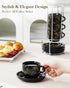 8 OZ Set 4, Set MALACASA Porcelain Espresso Cups with Saucers and Metal Stand of Stackable Cappuccino Cups, Marble