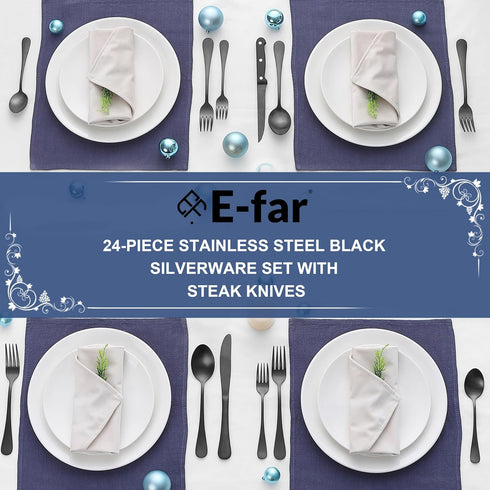 E-far 24-Piece Black Silverware Set - Stainless Steel Flatware Cutlery Set for 4, Matte Black Eating Utensils