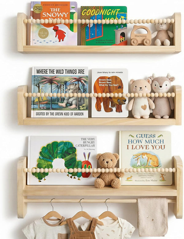 Nursery Book Shelves for Wall Set of 3, Natural Wood Bookshelves Wall