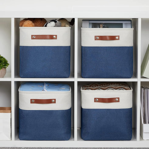 HNZIGE Fabric Cube Storage Bins, Set of 4, Closet Storage Bins for Organizing Home Office (White Blue)