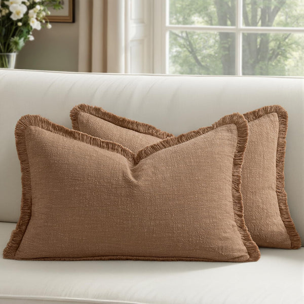 Woaboy Decorative Linen Fringe Throw Pillow Covers Boho Farmhouse Soft Lumbar Cushion