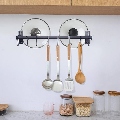 Dseap Pot Rack - Pots and Pans Hanging Rack Rail with 8 Hooks, Wall Mounted Kitchen Pot Hangers, Black