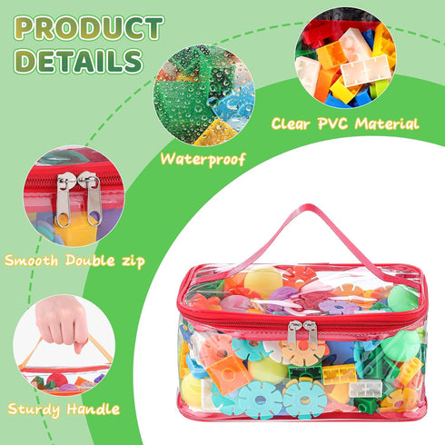 6 Packs Clear Toy Storage Bags, Colorful PVC Waterproof Toy Organizer with Zip Reusable Bags for Building Blocks, Board