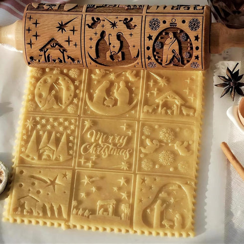 17" Premium Wood Rolling Pin with Nativity Embossed Designs, 3mm Deep Springerle Cookie Molds for Baking Gifts