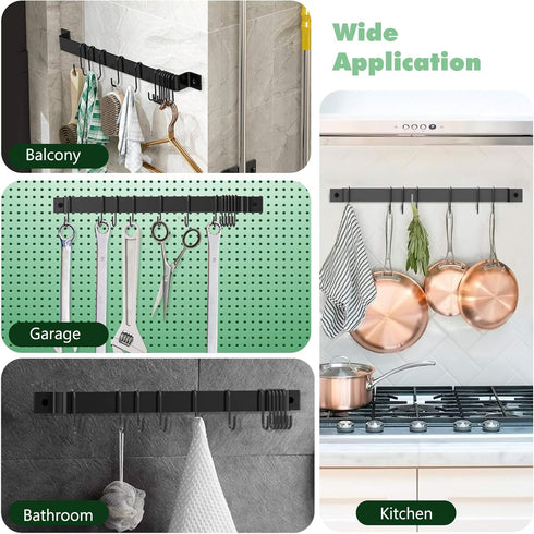 Kitchen Rail with 15 Hooks, 16 Inch Wall Mounted Hanging Utensil Rack for Kitchen, Black