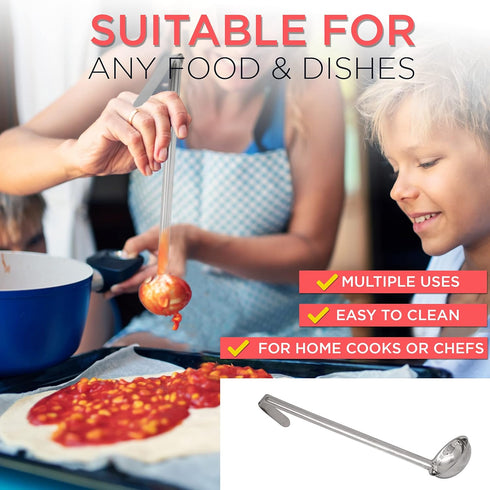 Fit Meal Prep 2 Pack 2 oz Stainless Steel Soup Ladle, One-Piece Sauce Spatula with Hook Handles, Commercial Grade