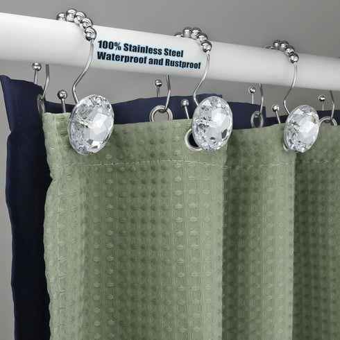 Shower Curtain Hooks Rings, 12PCS Double Hooks Glide Anti Rust Crystal Rhinestones for Shower Curtains