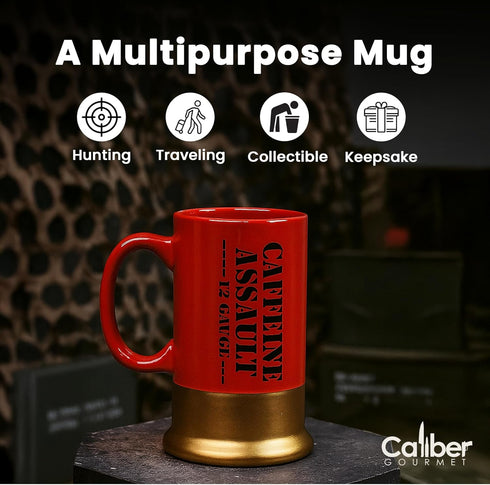 Caliber Gourmet 12-Gauge Shotgun Shell Mug – Bold Red Ceramic Coffee Mug, Unique Gift for Hunters & Collectors