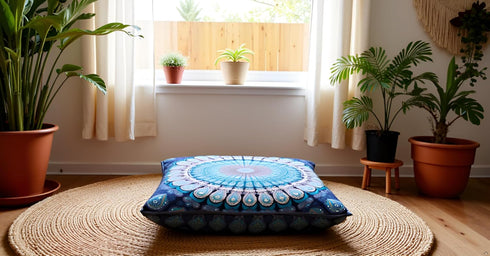 24" 24" INDIAN CRAFT CASTLE Blue Peacock Mandala Barmeri Large Floor Pillow Cover Cushion Meditation Seating Ottoman