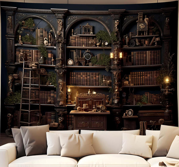 Medieval Bookshelf Tapestry Vintage Bookcase Library Backdrop Old Books Dark Academia Large