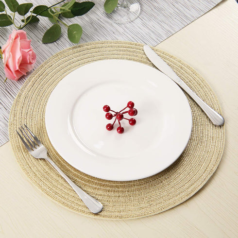 SHACOS Golden Glitter Round Braided Placemats, Set of 6 Bling Circle Place Mats for Holiday Party Wedding Shower (Gold)