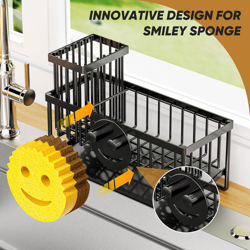 Taugast Sponge Holder for Kitchen Sink,Smiley Face Sink Caddy with Removable Brush Holder,Self-Draining Sponge Caddy