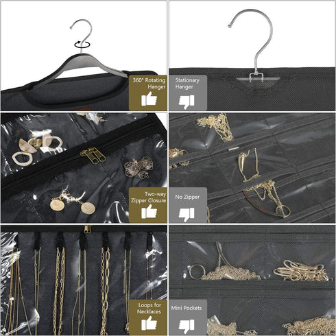 SMRITI Hanging Jewelry Organizer with Dual Zippered Pockets, Canvas Double Sided Rotating Hanger for Necklaces and