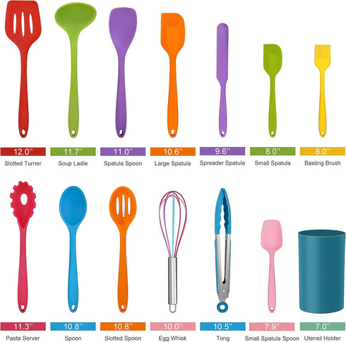 LIANYU 14 Pcs Cooking Utensils Set with Holder, Silicone Kitchen Cookware Utensils Set, Heat Resistant Cooking Gadget Tools Includes Spatula Spoon Turner Whisk Tong, Dishwasher Safe, Colorful by LIANYU