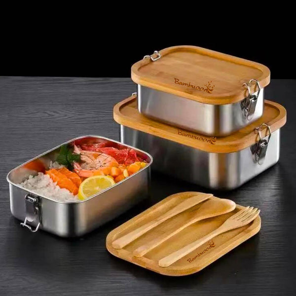 Premium Stainless Steel Bento Lunch Box, Eco-Friendly 28 oz Food Container with Leak-Proof Bamboo Lid and Cutlery