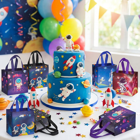 60 6 Kigeli Pcs Style Space Goodie Bags, Space Party Favors Large Non-woven Gifts Bags with Handles, Astronaut Planet