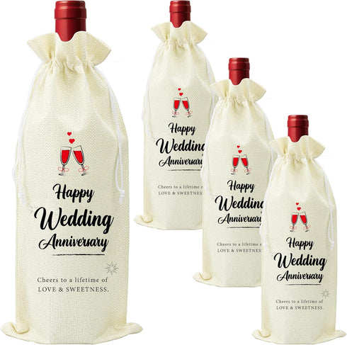 Omoojee 4 Pcs Wedding Anniversary Wine Bag, Flax Drawstring Couple Gift for Married Anniversary