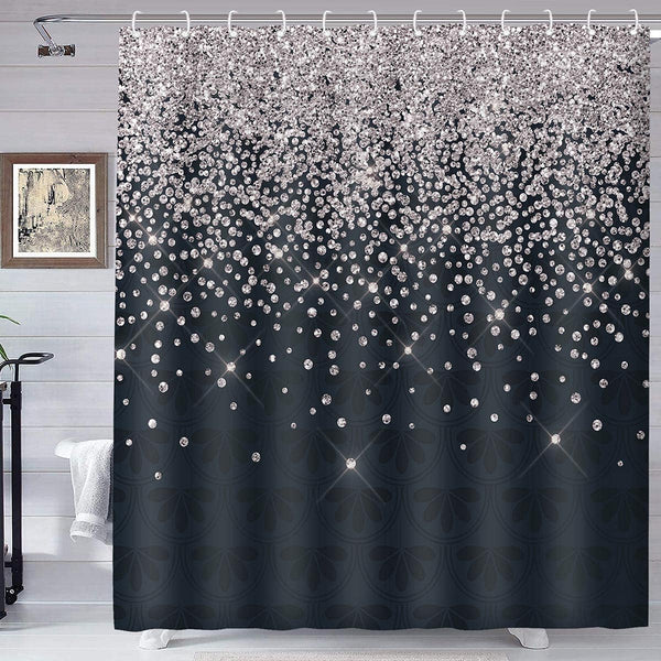 Silver Gray Bokeh Shower Curtain, Falling Snow Night Sky Stars 3D Printed Fabric Bathroom Curtain, 70 x 72 Inch