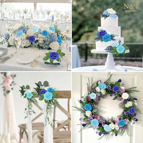 N&T NIETING Blue Roses Artificial Flowers, 25pcs Fake Flowers for DIY Wedding, Bridal Bouquets, Home Decoration
