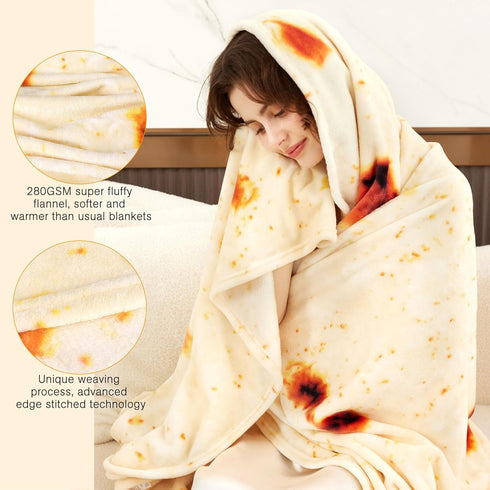 60in LetsFunny Burrito Tortilla Throw Blanket, Double Sided Burrito Taco Tortilla Wrap Blankets, Giant Funny Realistic