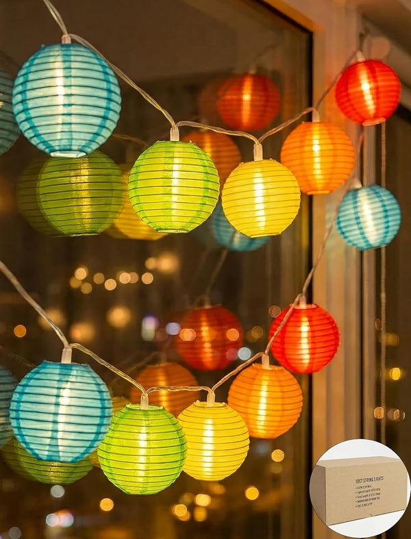 8.5Ft Multicolor String Lights Plug in, 10 Cute Rainbow Nylon Lanterns (Paper-Look),