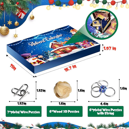 2026 24 Countdown Advent Calendar - Brain Teaser Puzzles for Teens Adults Older Kids, Pcs Metal & Wood Puzzle Christmas