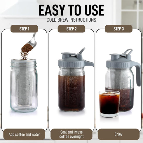 Zulay Premium Cold Brew Coffee Maker - 32oz Mason Jar Pitcher - Extra-Thick Glass & Stainless Steel Filter - Leak-Proof