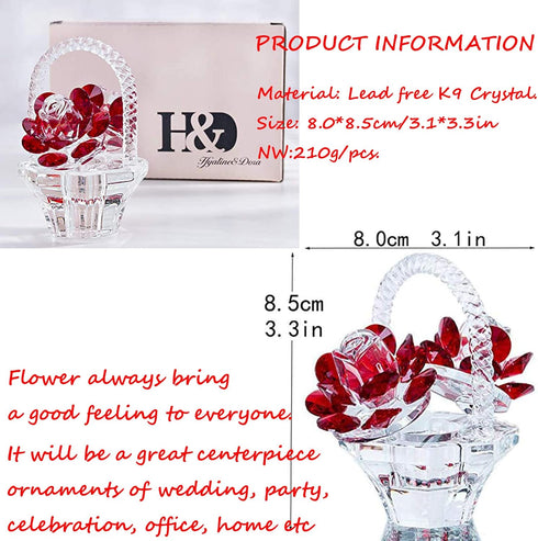 H&D HYALINE & DORA Crystal Red Rose Flower Basket, Collectible Figurines Ornaments for Home Decor Table Centerpiece