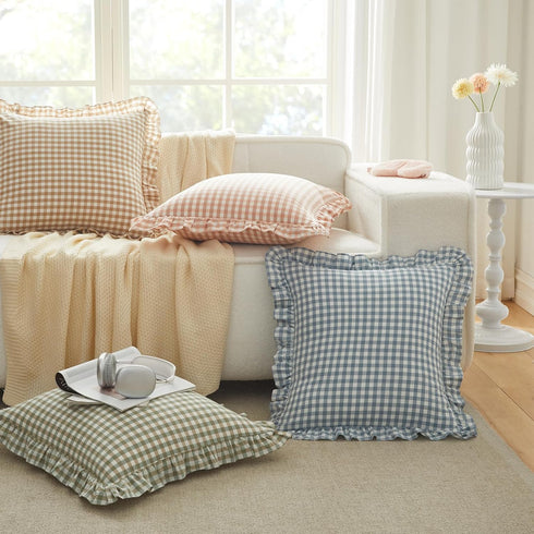 26 26 Inches, Set 2, KKJIAF Ruffle Gingham Pillow Covers x Cotton Plaid Throw Pillow Shams of Linen Feel Ruffled Plaid
