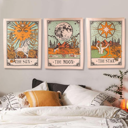 Accnicc 3 Pack Tarot Tapestry - Sun Moon and Star Wall Hanging, Vintage Aesthetic for Room (Brown, 15'' × 20'')