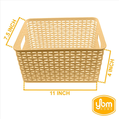 YBM Home Small Plastic Rattan Storage Box Basket Organizer, Beige, 1 Pack
