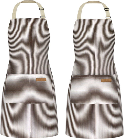 NLUS 2 Pack Cooking Aprons for Women with Pockets, Adjustable Kitchen Bib Aprons (Brown Pinstripes)