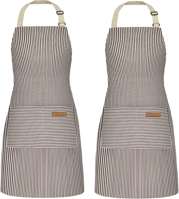 NLUS 2 Pack Cooking Aprons for Women with Pockets, Adjustable Kitchen Bib Aprons (Brown Pinstripes)