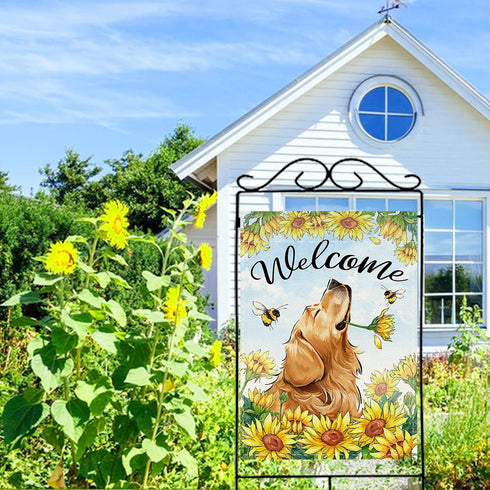 Welcome Spring Summer Golden Retriever Dog Decorative House Flag, Sunflowers Bee Garden Yard Outside Decorations, 28 x