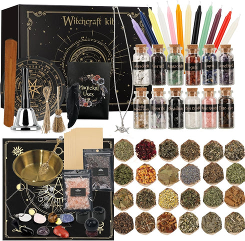 132 Witchcraft Supplies Kit PCS, Wiccan Supplies and Tools, Including Witchcraft Herbs, Spell Candles, Crystals