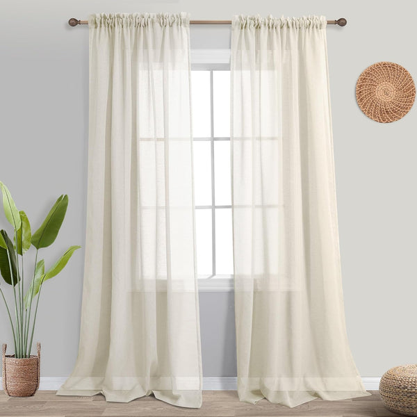 KOUFALL Sheer Curtains 96 Inches Long, 2 Panel Set, Cream Beige Lightweight Thin Linen Look for Bedroom