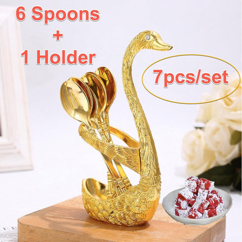 Swan Spoon Set, 7 PCS Mediterranean Mini Spoon Cutlery with Holder, Exotic Luxury Flatware, Gold