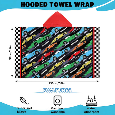 HSUIOFE 100% 35x60 Inch 3-12-Racing Hooded Towels for Kids -Toddler Beach Towel- Super Absorbent & Quick Dry Cotton