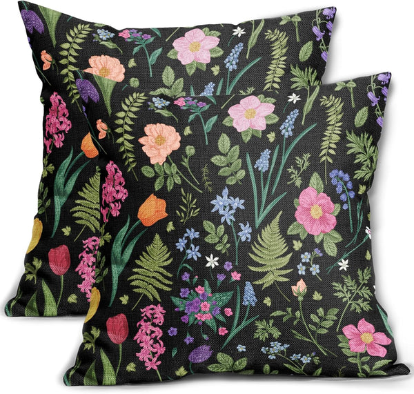 Botanical Print Vintage Floral Pillow Covers, 18x18 Set of 2, Black Pink Blue Green Decorative