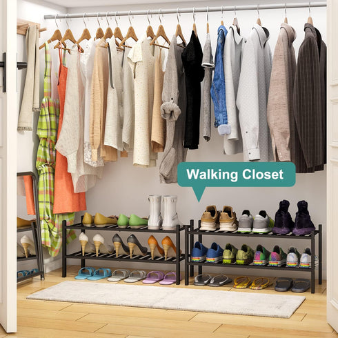2-Tier Closet, viewcare Black Bamboo Shoe Rack for Entryway, Stackable | Foldable | Natural, Shoe Shelf Storage